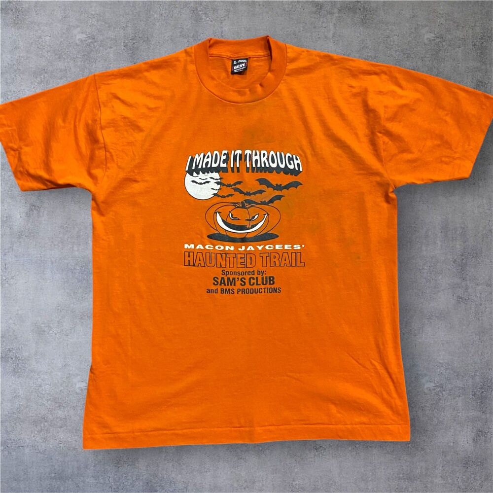 Fruit Of The Loom Vintage 90s Halloween Haunted Trail Orange Tee Men's Size XL
